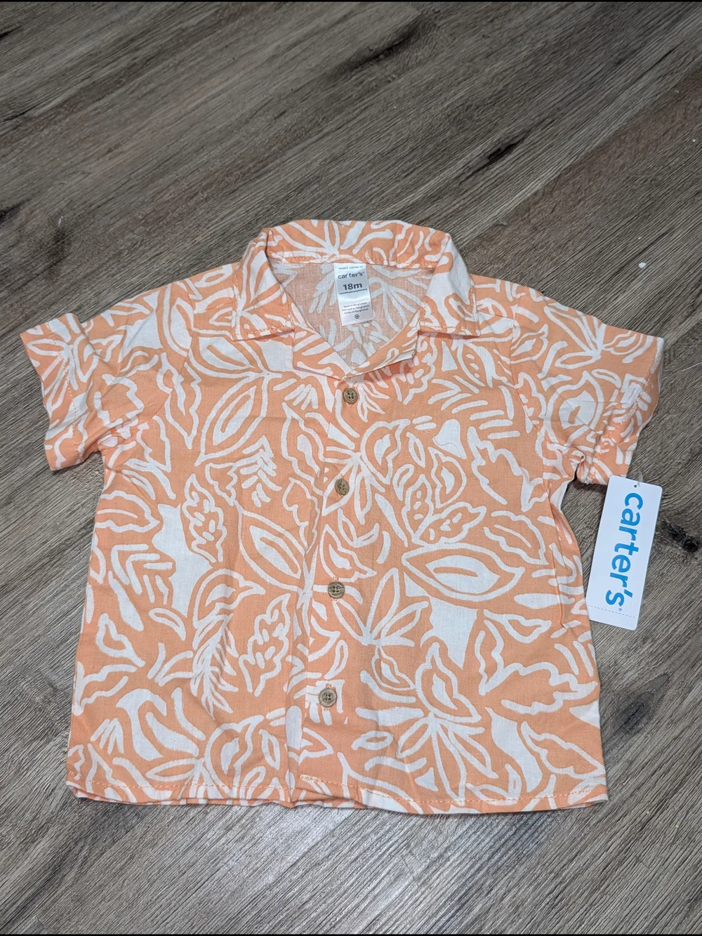 Carter's Boys 18M Orange Tropical Linen Cotton Button-Up Short Sleeve Shirt
